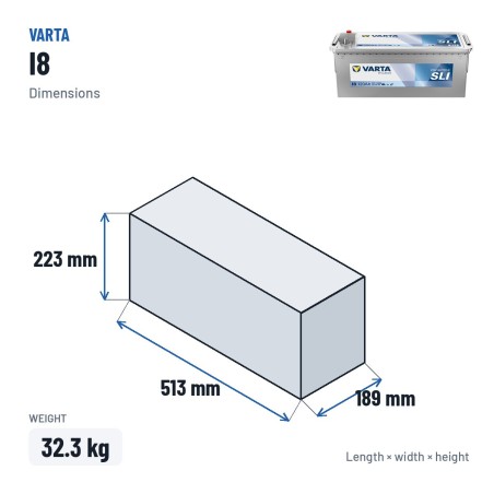 Batería de camión Varta I8 12V 120Ah 680A – medidas 513 × 189 × 223 mm