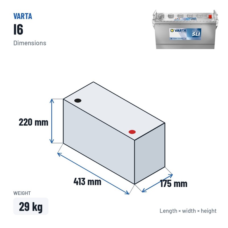Batteria camion Varta I6 12V 110Ah 850A – dimensioni 413 × 175 × 220 mm