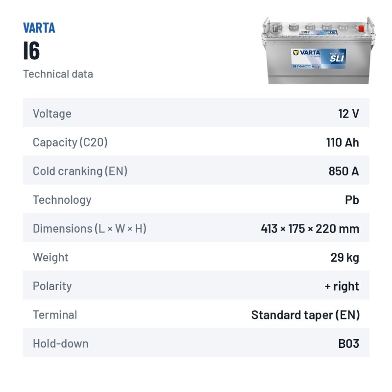 Truck battery Varta I6 12V 110Ah 850A – technical data