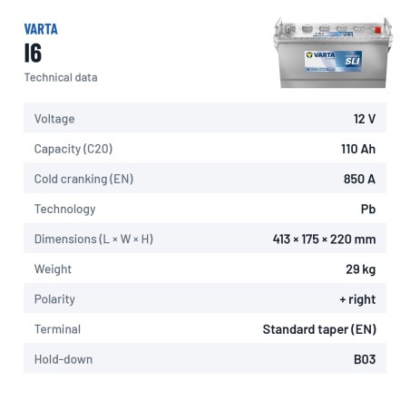 Truck battery Varta I6 12V 110Ah 850A – technical data