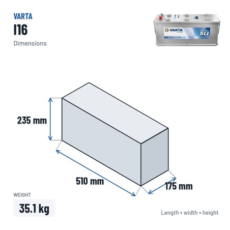 LKW-Batterie Varta I16 12V 120Ah 760A – Abmessungen 510 × 175 × 235 mm