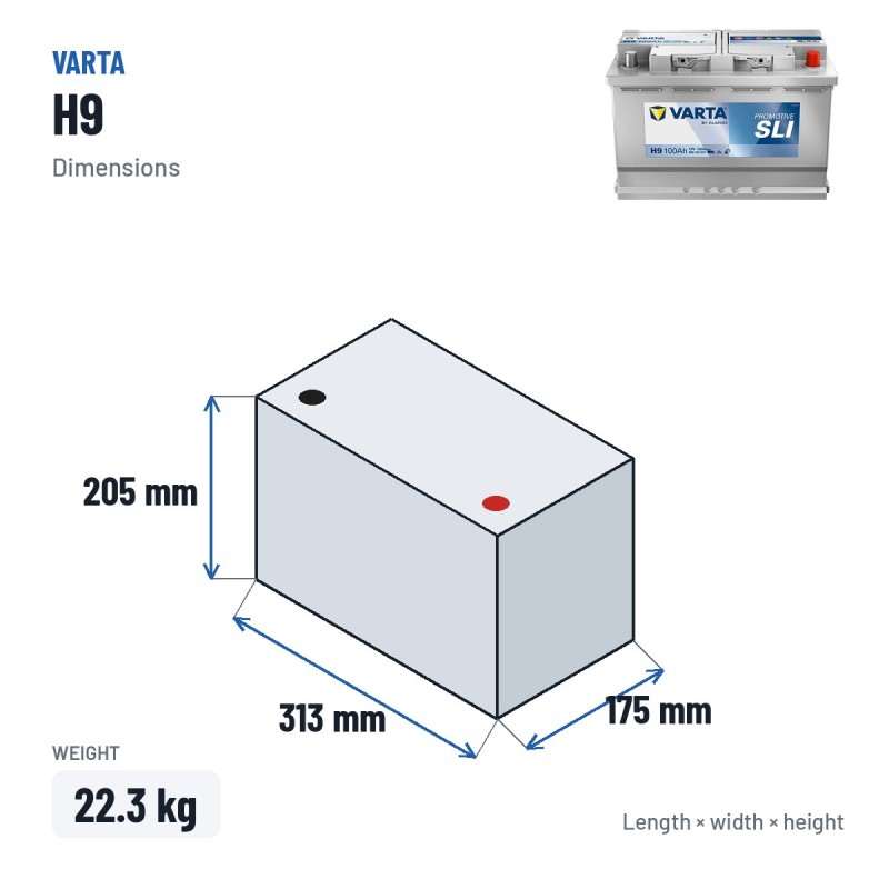 Batería de camión Varta H9 12V 100Ah 720A – medidas 313 × 175 × 205 mm
