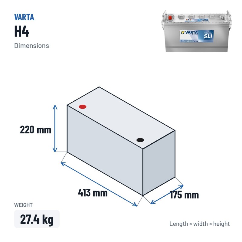 LKW-Batterie Varta H4 12V 100Ah 600A – Abmessungen 413 × 175 × 220 mm