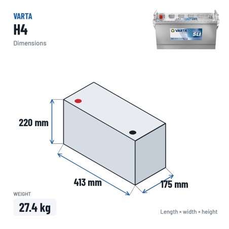 Batteria camion Varta H4 12V 100Ah 600A – dimensioni 413 × 175 × 220 mm
