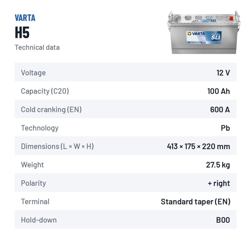 Bateria de camião Varta H5 12V 100Ah 600A – ficha técnica