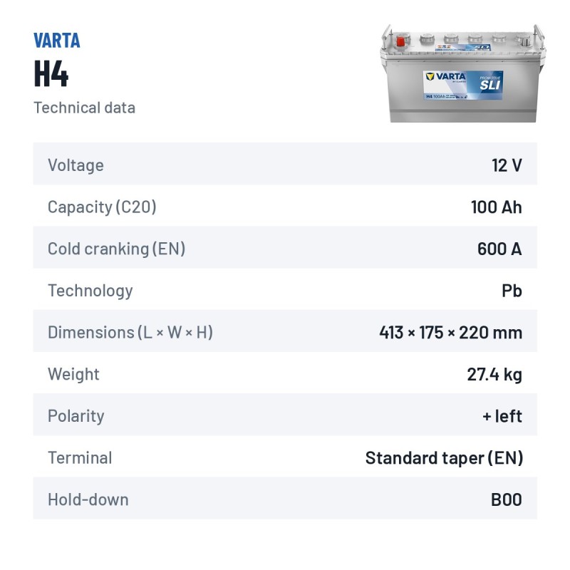 LKW-Batterie Varta H4 12V 100Ah 600A – technische Daten