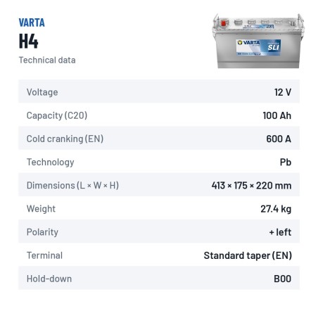 LKW-Batterie Varta H4 12V 100Ah 600A – technische Daten