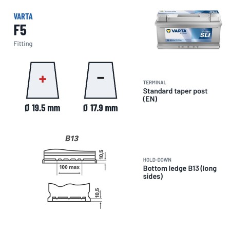 Car battery Varta F5 12V 88Ah 740A – terminal and hold-down