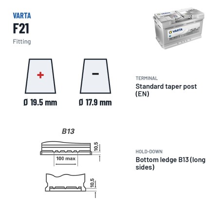 Start-Stop battery Varta F21 12V 80Ah 800A AGM – terminal and hold-down