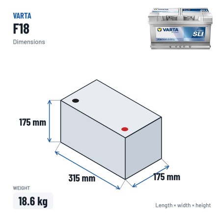 Autobatterie Varta F18 12V 85Ah 800A – Abmessungen 315 × 175 × 175 mm