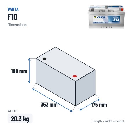 Batteria camion Varta F10 12V 88Ah 680A – dimensioni 353 × 175 × 190 mm