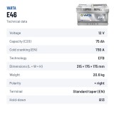 Batteria Start-Stop Varta E46 12V 75Ah 730A EFB – scheda tecnica