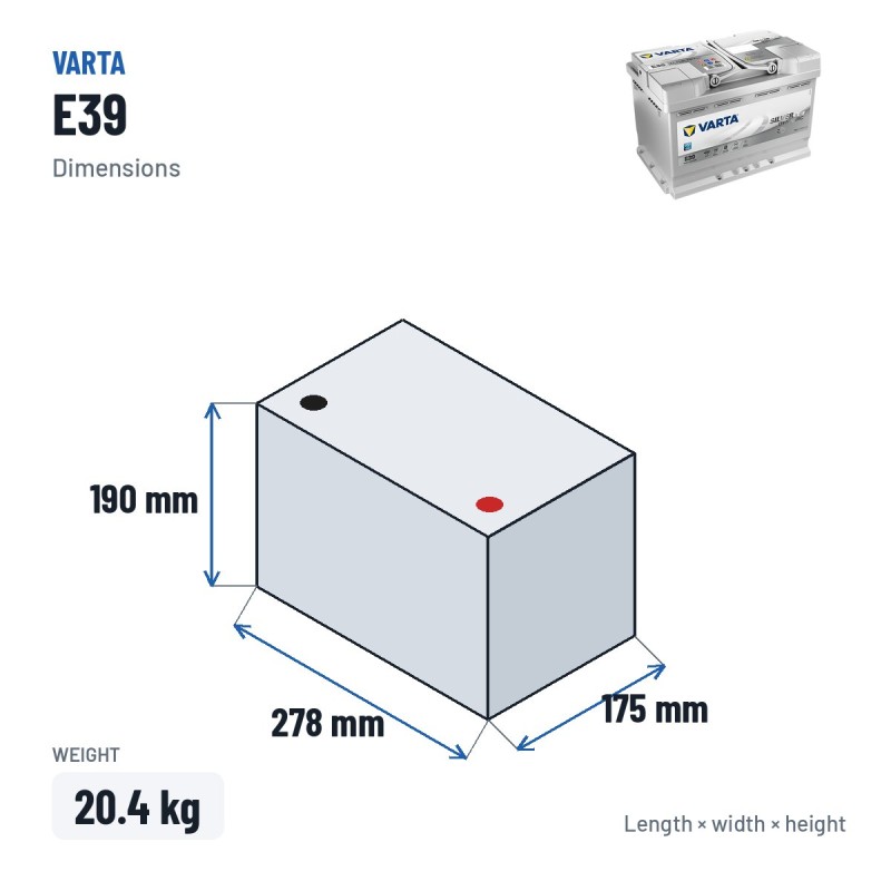 Start-Stop battery Varta E39 12V 70Ah 760A AGM – dimensions 278 × 175 × 190 mm