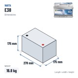 Batterie voiture Varta E38 12V 74Ah 750A – dimensions 278 × 175 × 175 mm