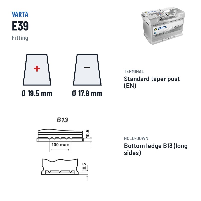 Batterie Start-Stop Varta E39 12V 70Ah 760A AGM – bornes et fixation
