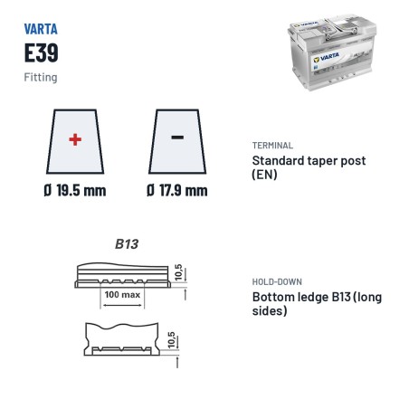 Batería Start-Stop Varta E39 12V 70Ah 760A AGM – borne y sujeción