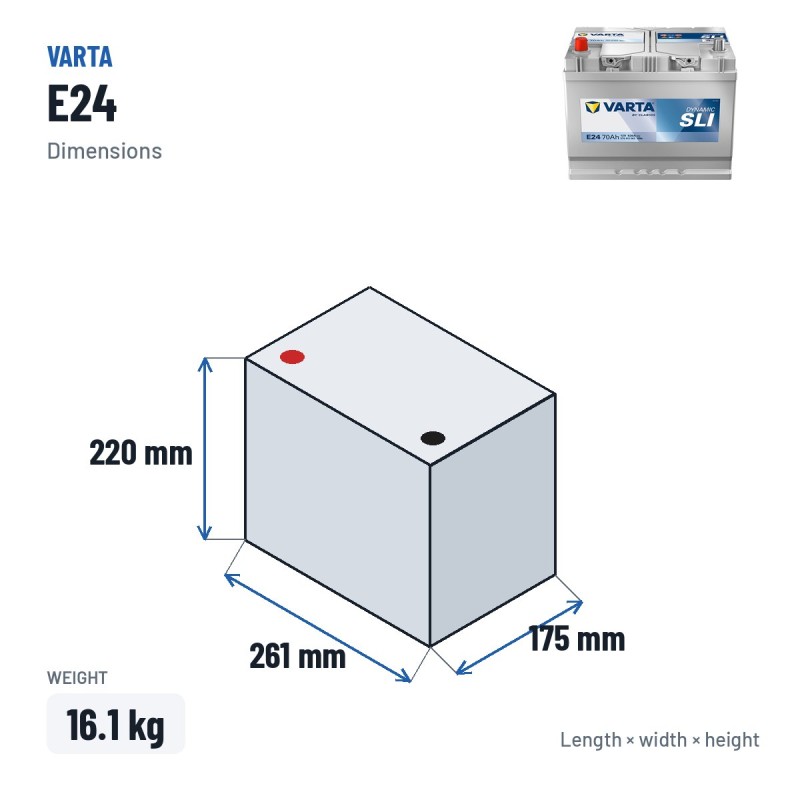 Car battery Varta E24 12V 70Ah 630A – dimensions 261 × 175 × 220 mm