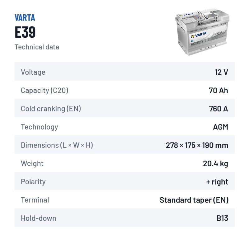Start-Stop battery Varta E39 12V 70Ah 760A AGM – technical data