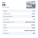 Batterie voiture Varta E38 12V 74Ah 750A – fiche technique