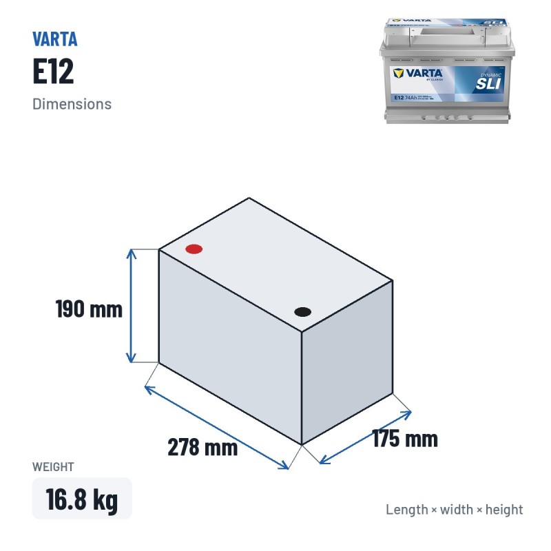 Batteria auto Varta E12 12V 74Ah 680A – dimensioni 278 × 175 × 190 mm