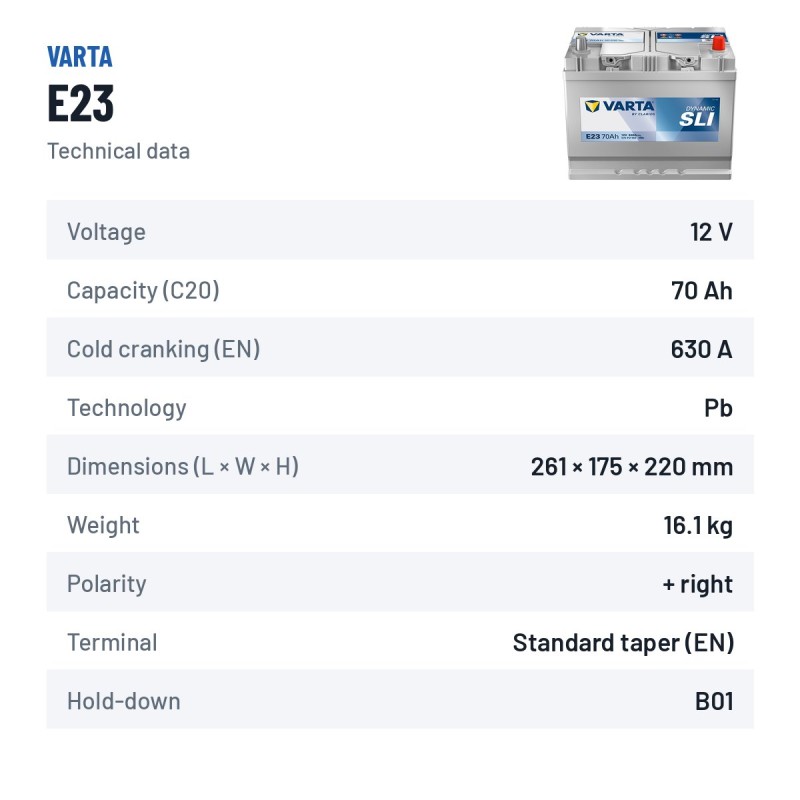 Car battery Varta E23 12V 70Ah 630A | baterias.com