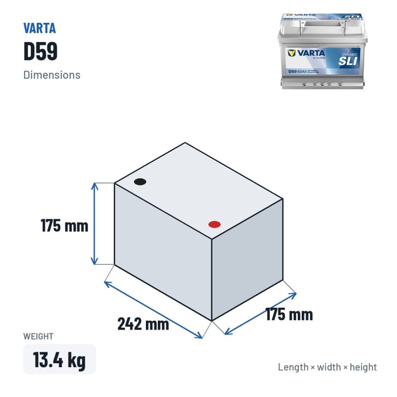 Batterie voiture Varta D59 12V 60Ah 540A – dimensions 242 × 175 × 175 mm