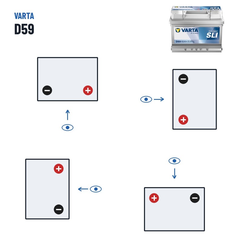 Batterie voiture Varta D59 12V 60Ah 540A – polarité (schéma 0, + à droite)
