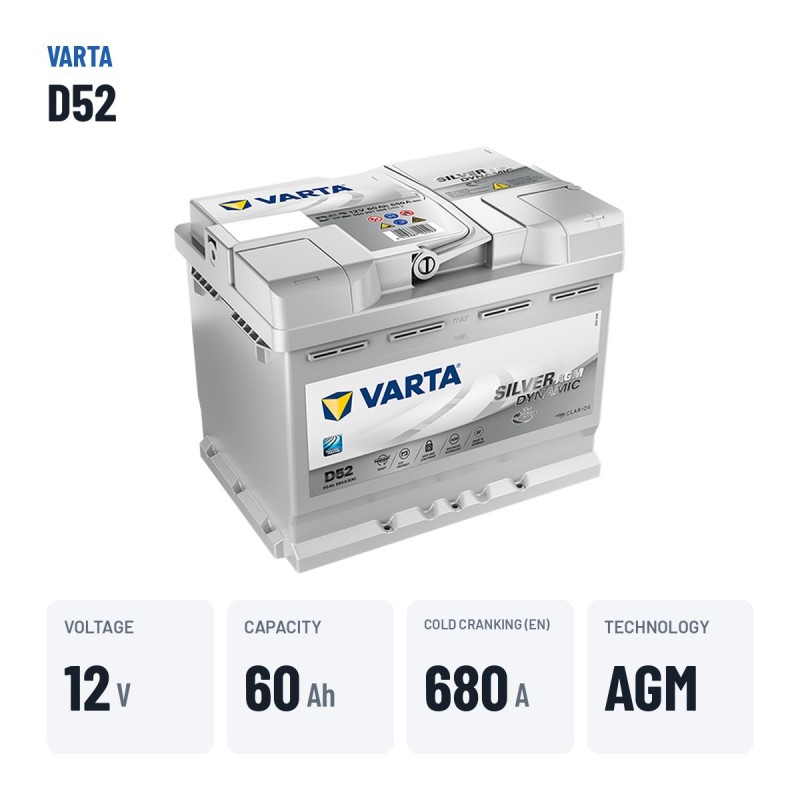 Start-Stopp-Batterie Varta D52 12V 60Ah 680A AGM | baterias.com