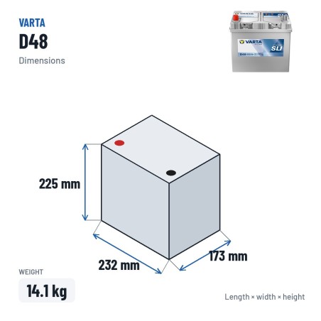 Car battery Varta D48 12V 60Ah 540A – dimensions 232 × 173 × 225 mm