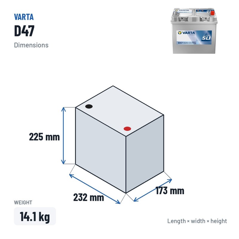 Bateria de carro Varta D47 12V 60Ah 540A – medidas 232 × 173 × 225 mm