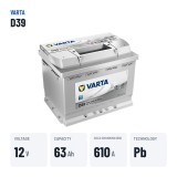 Car battery Varta D39 12V 63Ah 610A | baterias.com