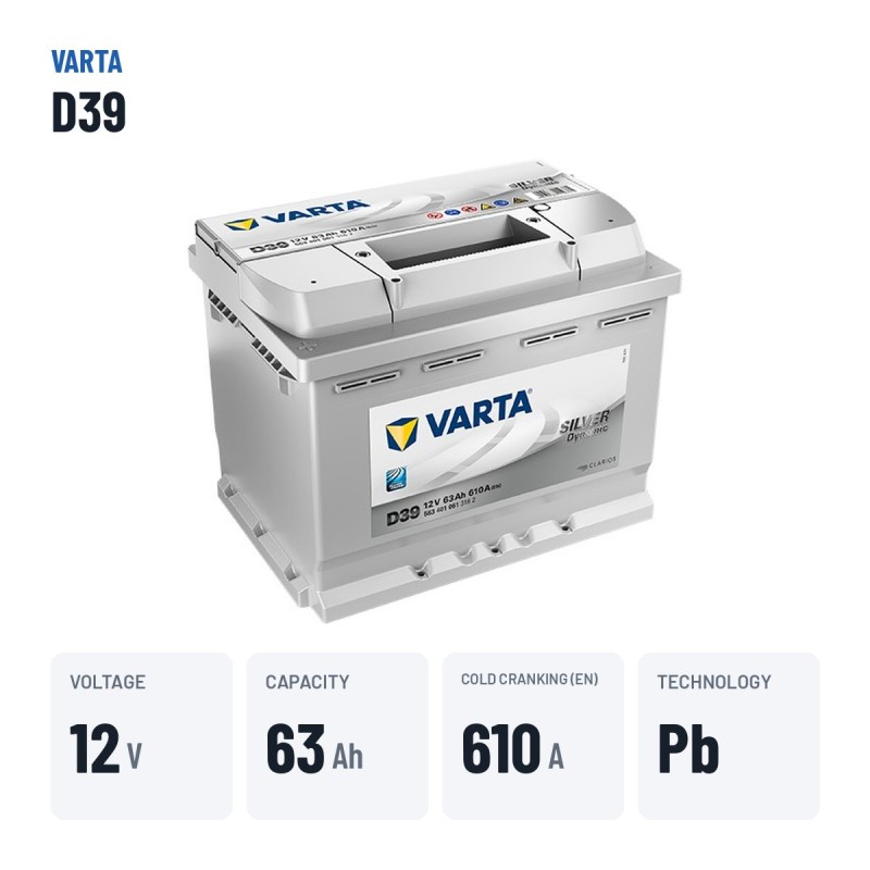 Car battery Varta D39 12V 63Ah 610A | baterias.com