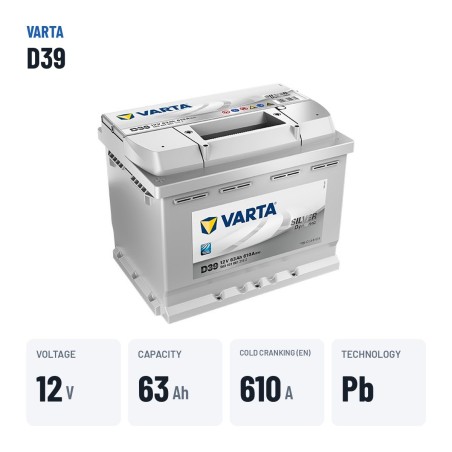 Car battery Varta D39 12V 63Ah 610A | baterias.com