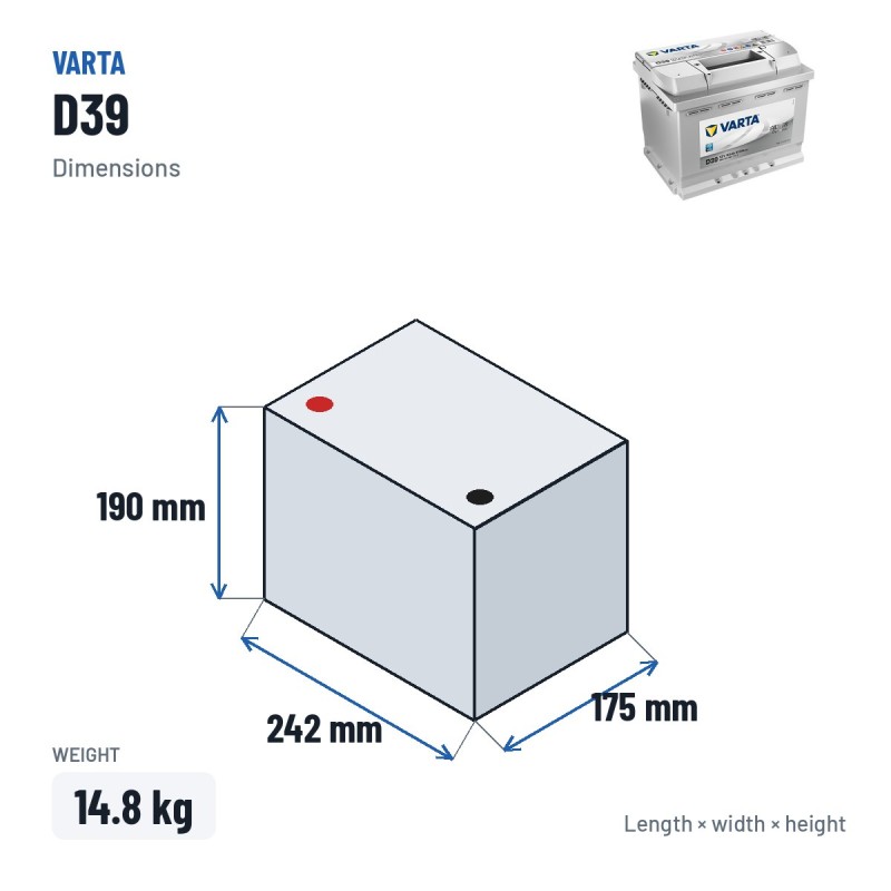 Car battery Varta D39 12V 63Ah 610A | baterias.com