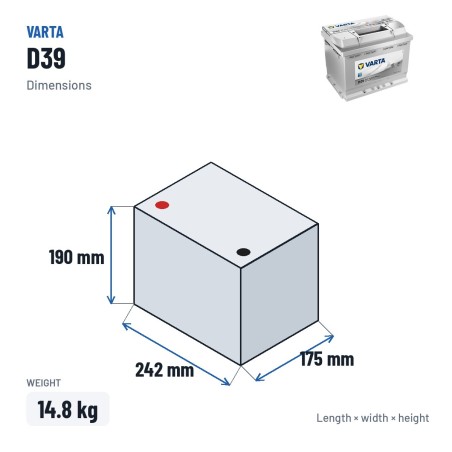 Car battery Varta D39 12V 63Ah 610A | baterias.com