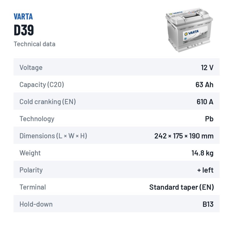 Car battery Varta D39 12V 63Ah 610A | baterias.com