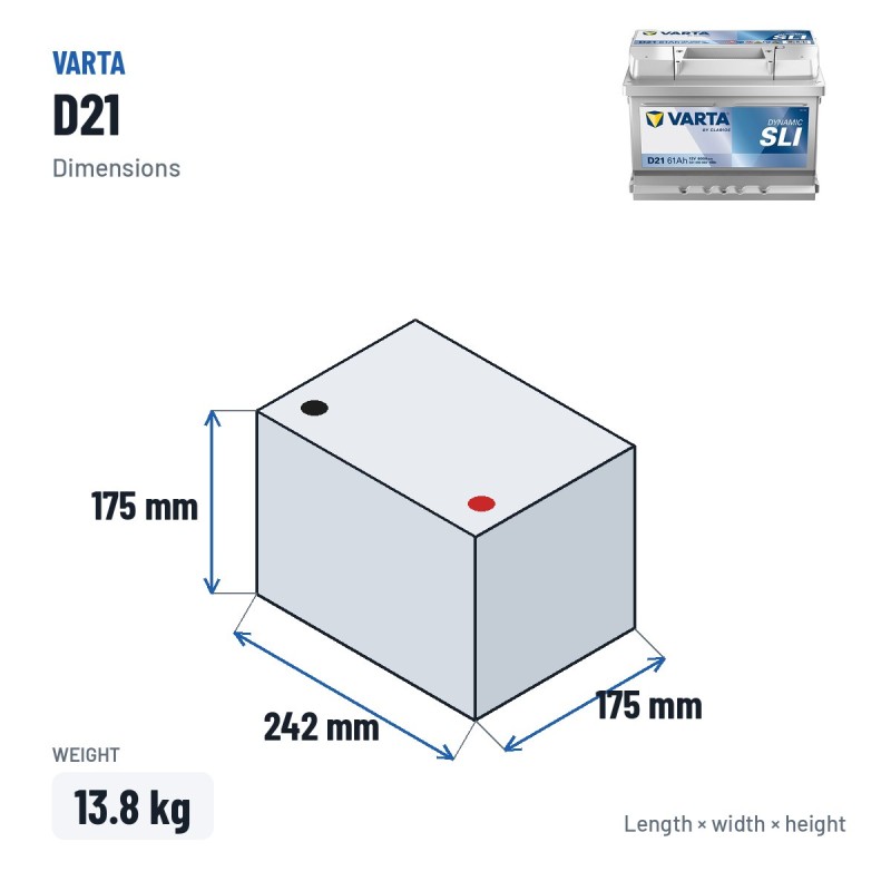 Car battery Varta D21 12V 61Ah 600A | baterias.com