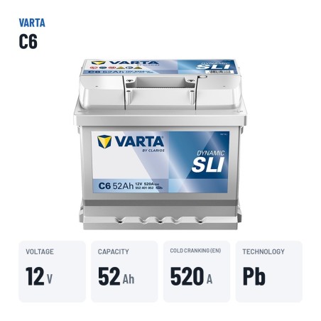 Car battery Varta C6 12V 52Ah 520A – key specs