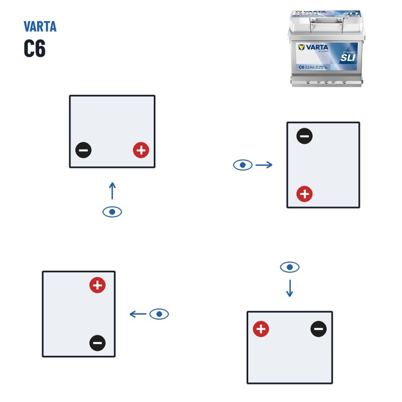 Car battery Varta C6 12V 52Ah 520A – polarity (layout 0, + right)