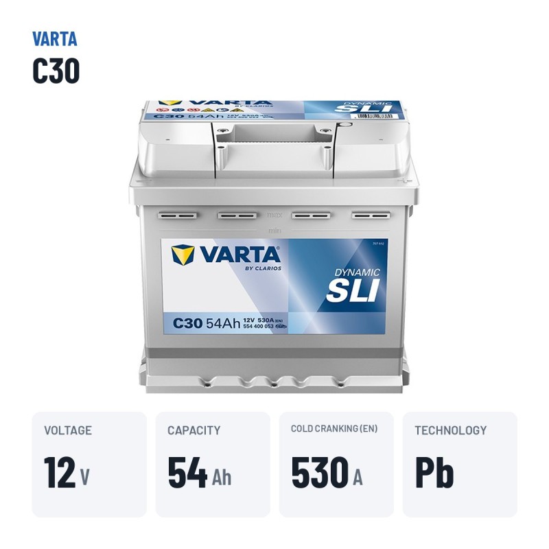 Car battery Varta C30 12V 54Ah 530A | baterias.com