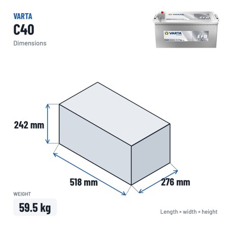 Batterie camion Varta C40 12V 240Ah 1200A EFB – dimensions 518 × 276 × 242 mm