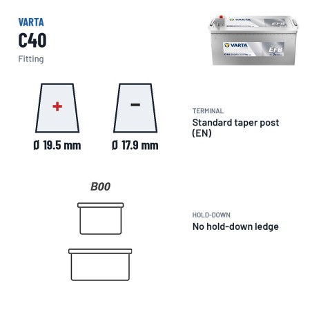 Truck battery Varta C40 12V 240Ah 1200A EFB – terminal and hold-down