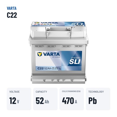 Batería de coche Varta C22 12V 52Ah 470A – datos clave