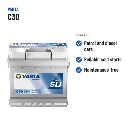Car battery Varta C30 12V 54Ah 530A | baterias.com