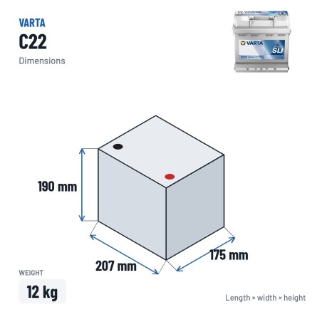 Batería de coche Varta C22 12V 52Ah 470A – medidas 207 × 175 × 190 mm