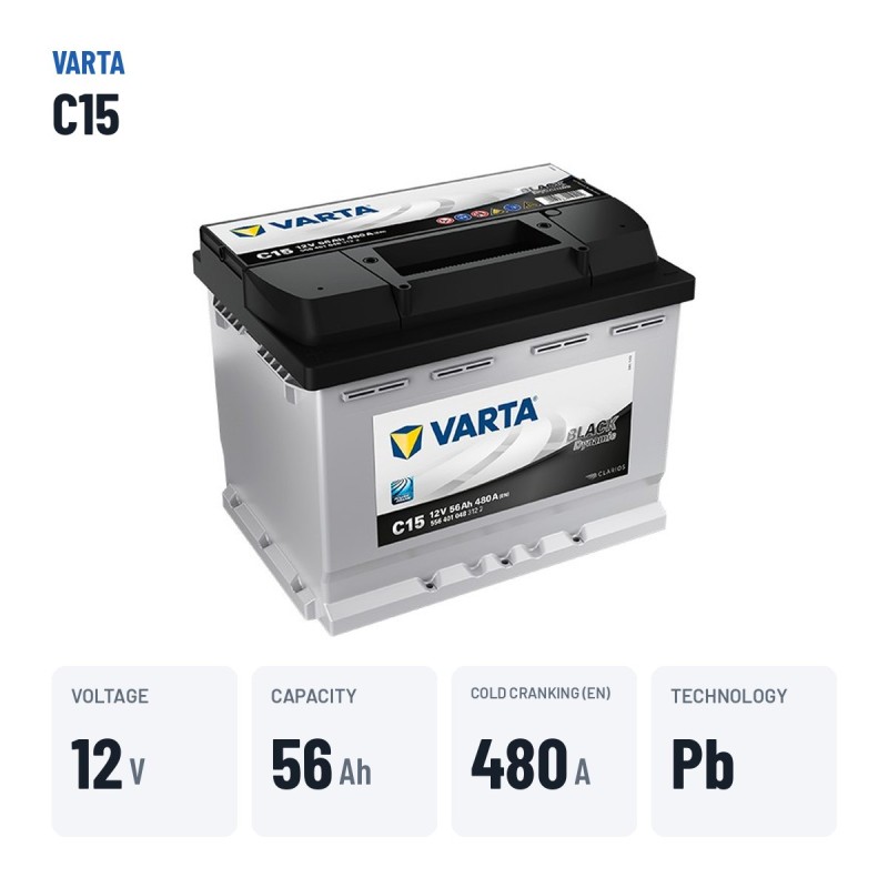 Batterie voiture Varta C15 12V 56Ah 480A – caractéristiques clés