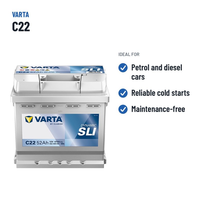 Batería de coche Varta C22 12V 52Ah 470A – usos recomendados