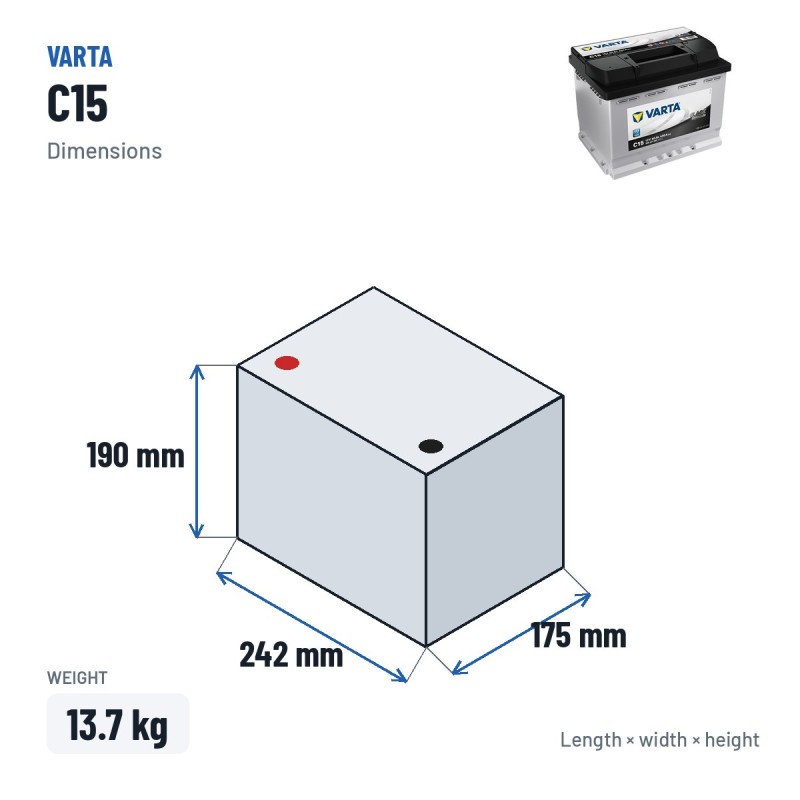 Bateria de carro Varta C15 12V 56Ah 480A – medidas 242 × 175 × 190 mm