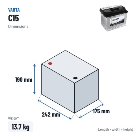 Bateria de carro Varta C15 12V 56Ah 480A – medidas 242 × 175 × 190 mm