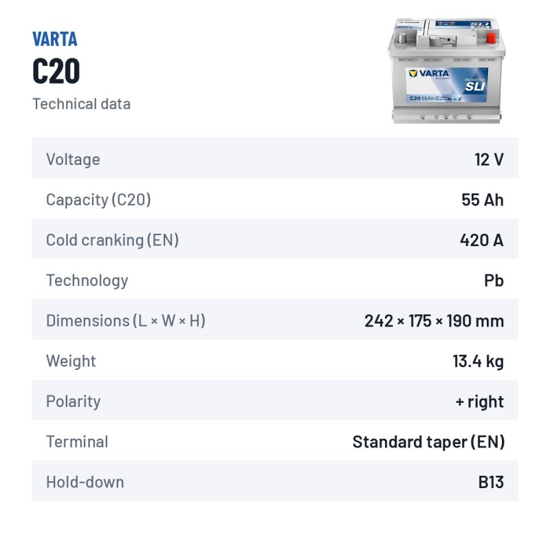 LKW-Batterie Varta C20 12V 55Ah 420A – technische Daten